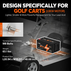 LiTime 36V 100Ah Lithium Golf Cart Battery, 200A BMS, 3840Wh Energy