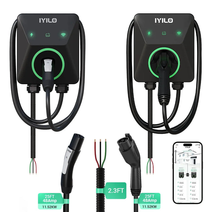 IYILO Dual Level 2 EV Charger Bundle NACS (J3400) + J1772 with Power Sharing 48A Hardwired