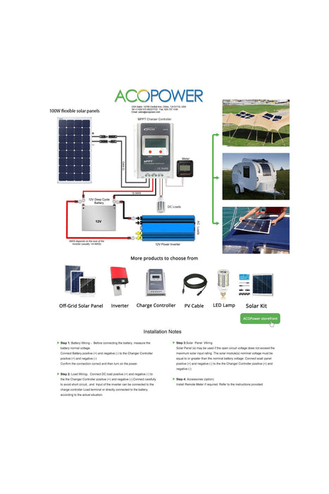 ACOPOWER 110w 12v Flexible Thin lightweight ETFE Solar Panel with Connector