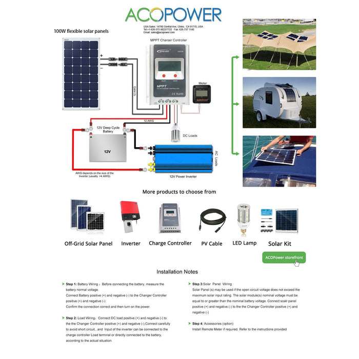 ACOPower 110w 12v Flexible Thin lightweight ETFE Solar Panel with Connector