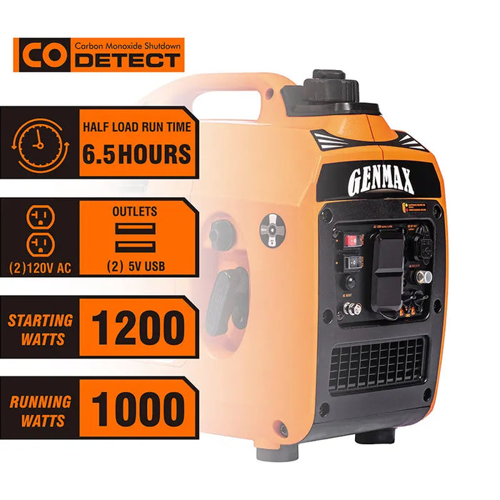 GENMAX GM1200i 20 Amp 1000W/1200W Recoil Start Gas Inverter Generator Parallel Ready New