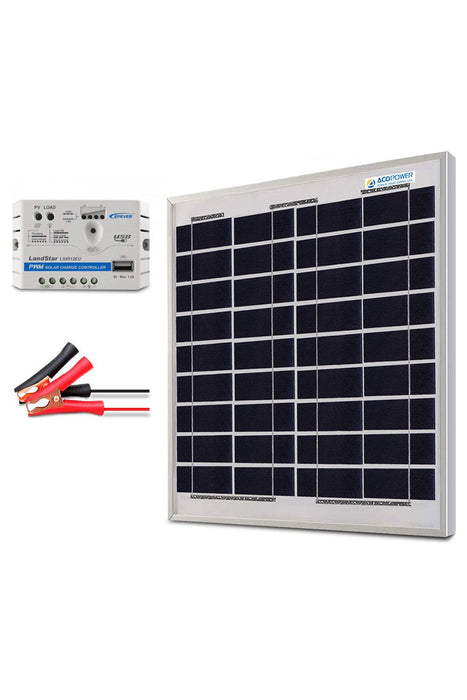 ACOPOWER 15W 12V Solar Charger Kit, 5A Charge Controller with Alligator Clips
