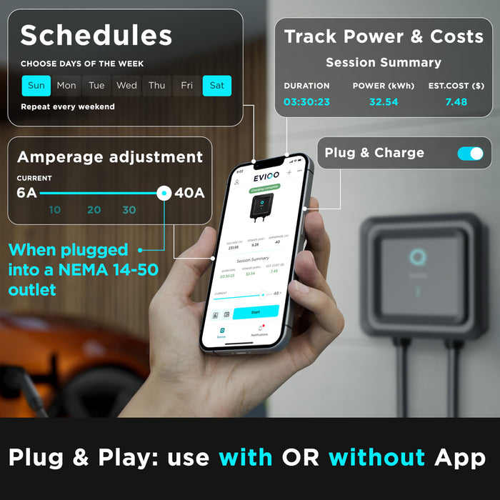 EVIQO Level 2 EV Charger J1772 Plug-In 48A (NEMA 14-50, Hardwire-Convertible)