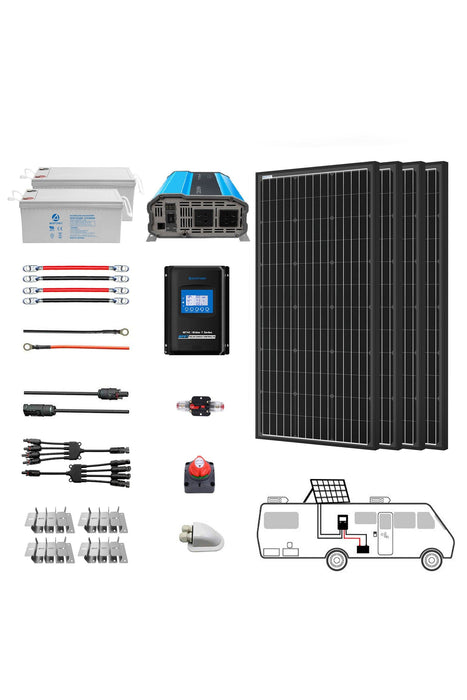 ACOPOWER Deep Cycle GEL Battery Mono Solar Power Complete System with Battery and Inverter for RV Boat 12V Off Grid Kit