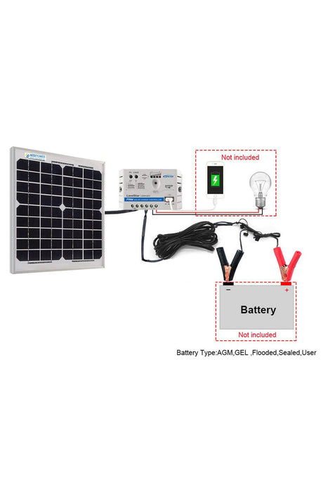 ACOPOWER 10W 12V Solar Charger Kit, 5A Charge Controller with Alligator Clips