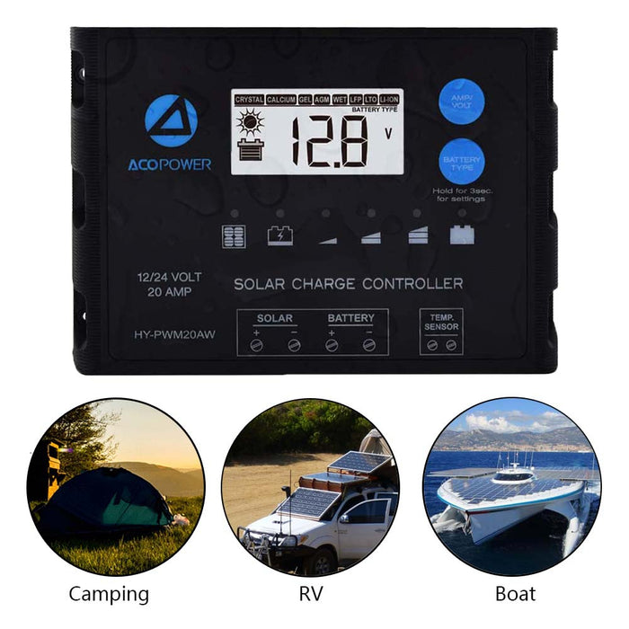 ACOPOWER 20A ProteusX Waterproof PWM Solar Charge Controller Compatible With 8 Battery Types