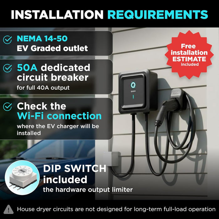 EVIQO Level 2 EV Charger J1772 Plug-In 40A (NEMA 14-50)