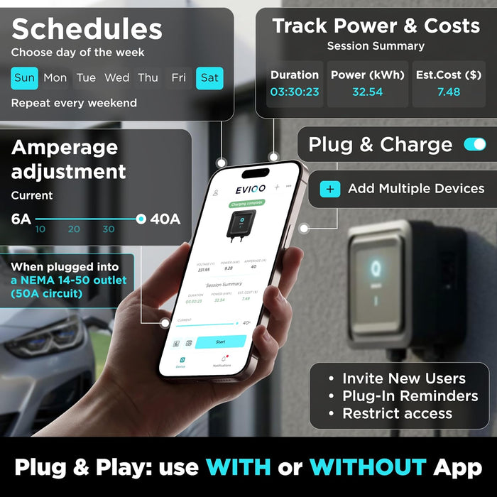 EVIQO Level 2 EV Charger J1772 Plug-In 40A (NEMA 14-50)
