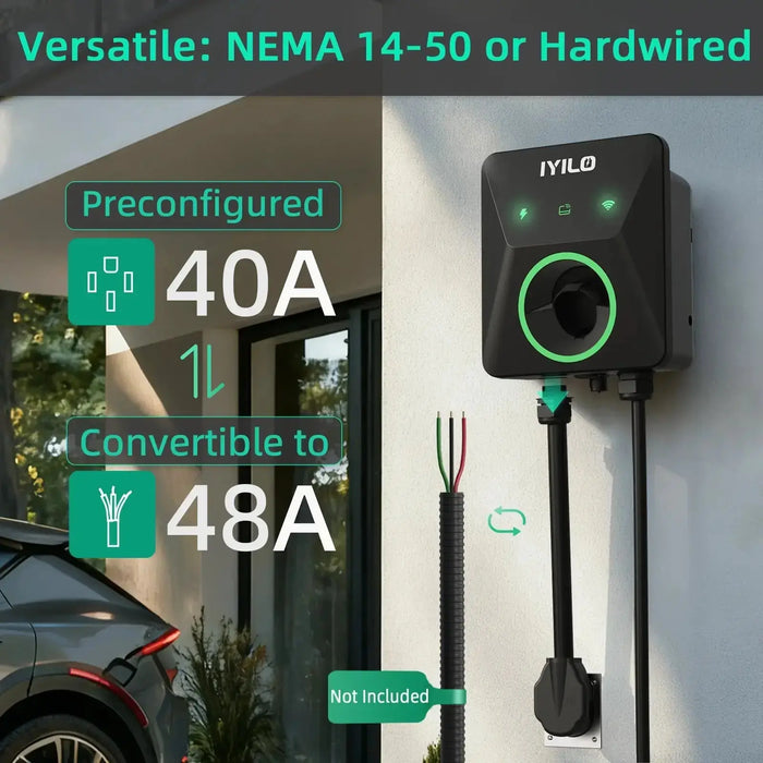 IYILO Level 2 EV Charger J1772 Plug-In 48A (NEMA 14-50, Hardwire-Convertible)