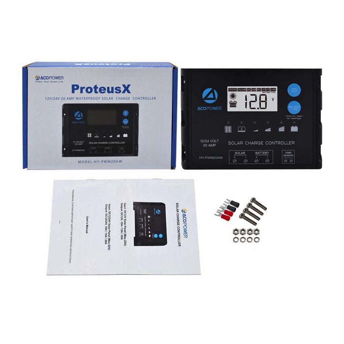 ACOPOWER 20A ProteusX Waterproof PWM Solar Charge Controller Compatible With 8 Battery Types