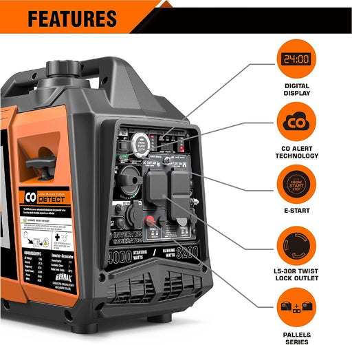 GENMAX GM4000iSBEPC 3200W/4000W 26.7 Amp Electric Start Gas Inverter Generator Parallel Ready with CO Detect New