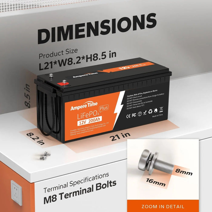 Ampere Time 12V 200Ah Plus, 2560Wh LiFePO4 Battery & Built In 200A BMS