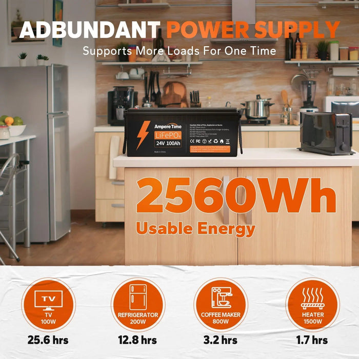 Ampere Time 24V 100Ah, 2560Wh Lithium LiFePO4 Battery & Built In 100A BMS