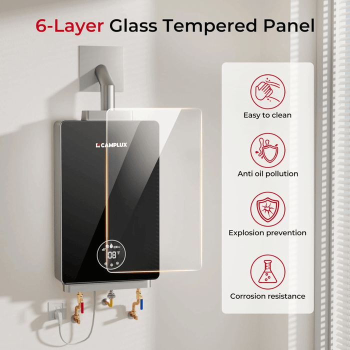 Camplux 3.18 GPM Indoor Tankless Water Heater Propane with Wall Thimble, Black