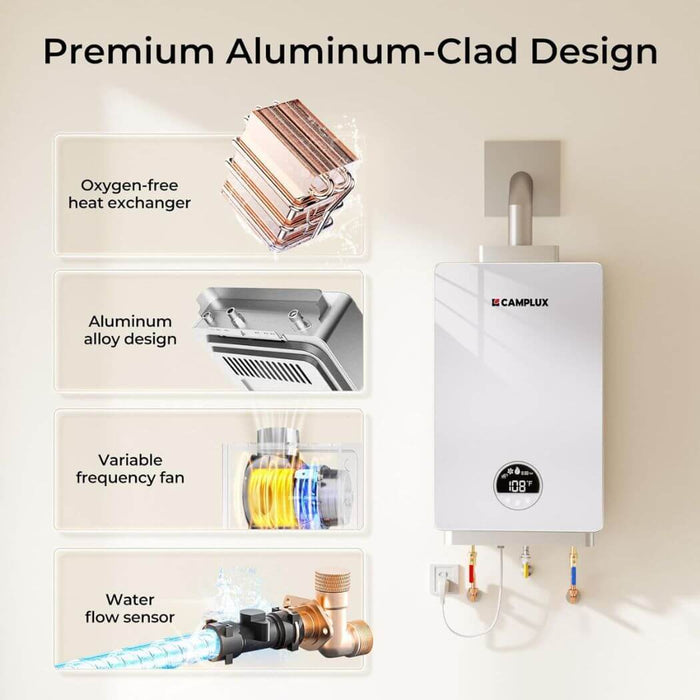 Camplux 3.18 GPM Indoor Propane Tankless Water Heater with Wall Thimble, White