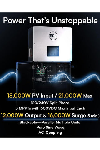 EG4 | 18KPV Hybrid Inverter | All-In-One Solar Inverter | 18000W PV Input | 12000W Output | 48V 120/240V Split Phase | EG4-18KPV-12LV