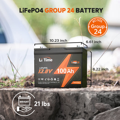 Image of LiTime 12V 100Ah Group 24 LiFePO4 Lithium Battery, Built-In 100A BMS, 1280Wh Energy