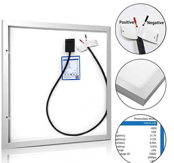 ACOPower 15W 12V Solar Charger Kit, 5A Charge Controller with Alligator Clips