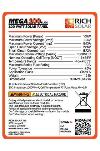 Image of Rich Solar Mega 100 Watt Solar Panel Black - Renewable Outdoors