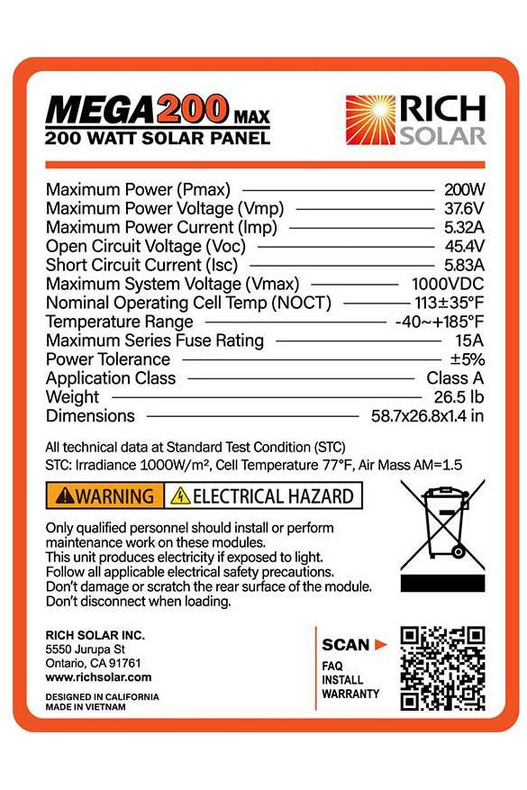 Rich Solar Mega 200 Watt 24 Volt Solar Panel - Renewable Outdoors
