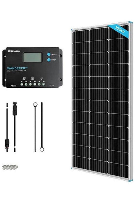 Renogy 100W 12V Monocrystalline Solar Starter Kit With Wanderer Charge Controller