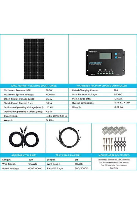 Renogy 100W 12V Monocrystalline Solar Starter Kit With Wanderer Charge Controller