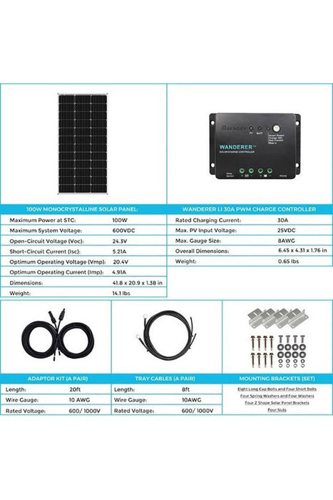 Renogy 100W 12V Monocrystalline Solar Starter Kit With Wanderer Charge Controller